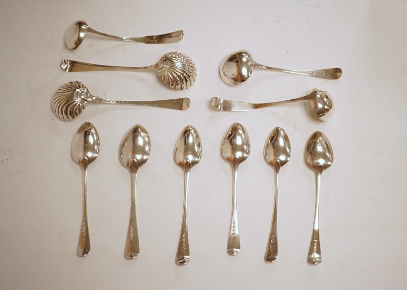 A pair of George III silver feather edge Old English pattern sauce ladles, with shell bowls, London, 1771?, 17.6cm, together with a pair of George III Scottish silver toddy ladles, George Fenwick, Edinburgh, 1816, one ot